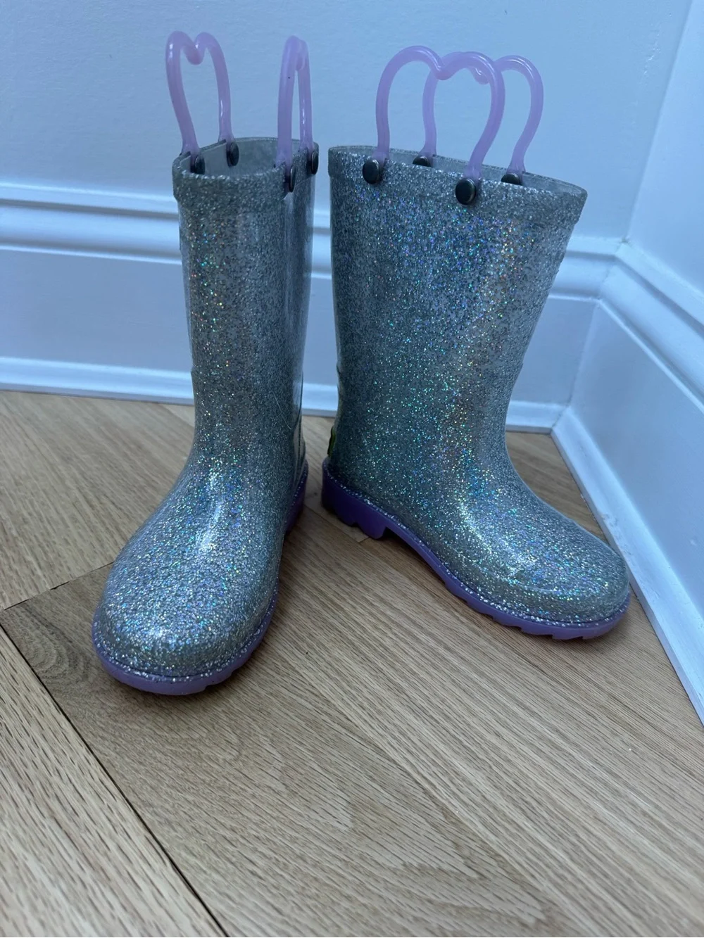 Western Chief Light Up Silver Glitter Rain Boots with Purple Soles